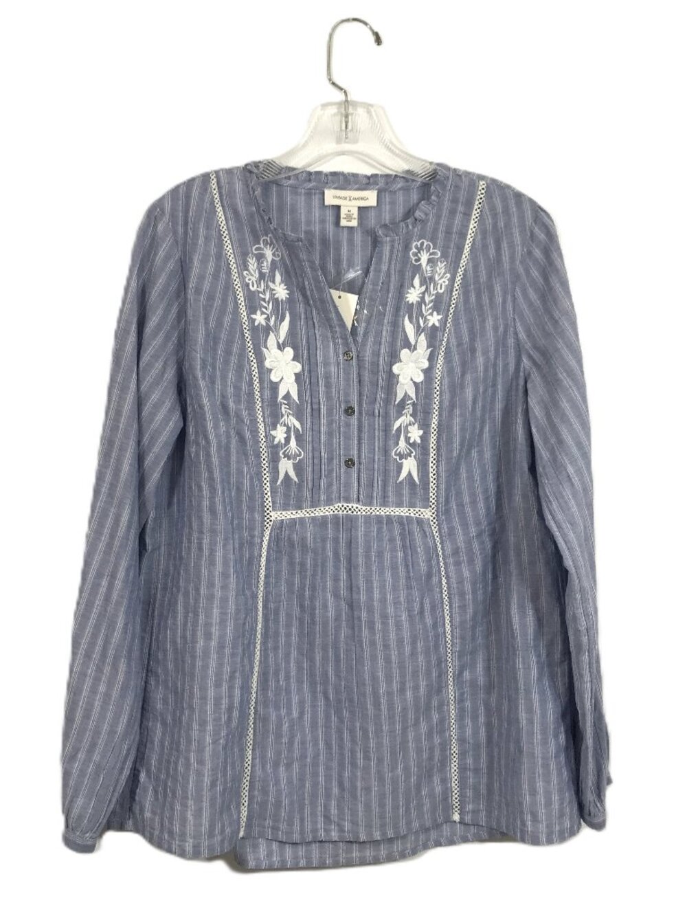 Vintage America Striped Floral Embroidered Cotton Blouse Peasant Top Blue Sz M